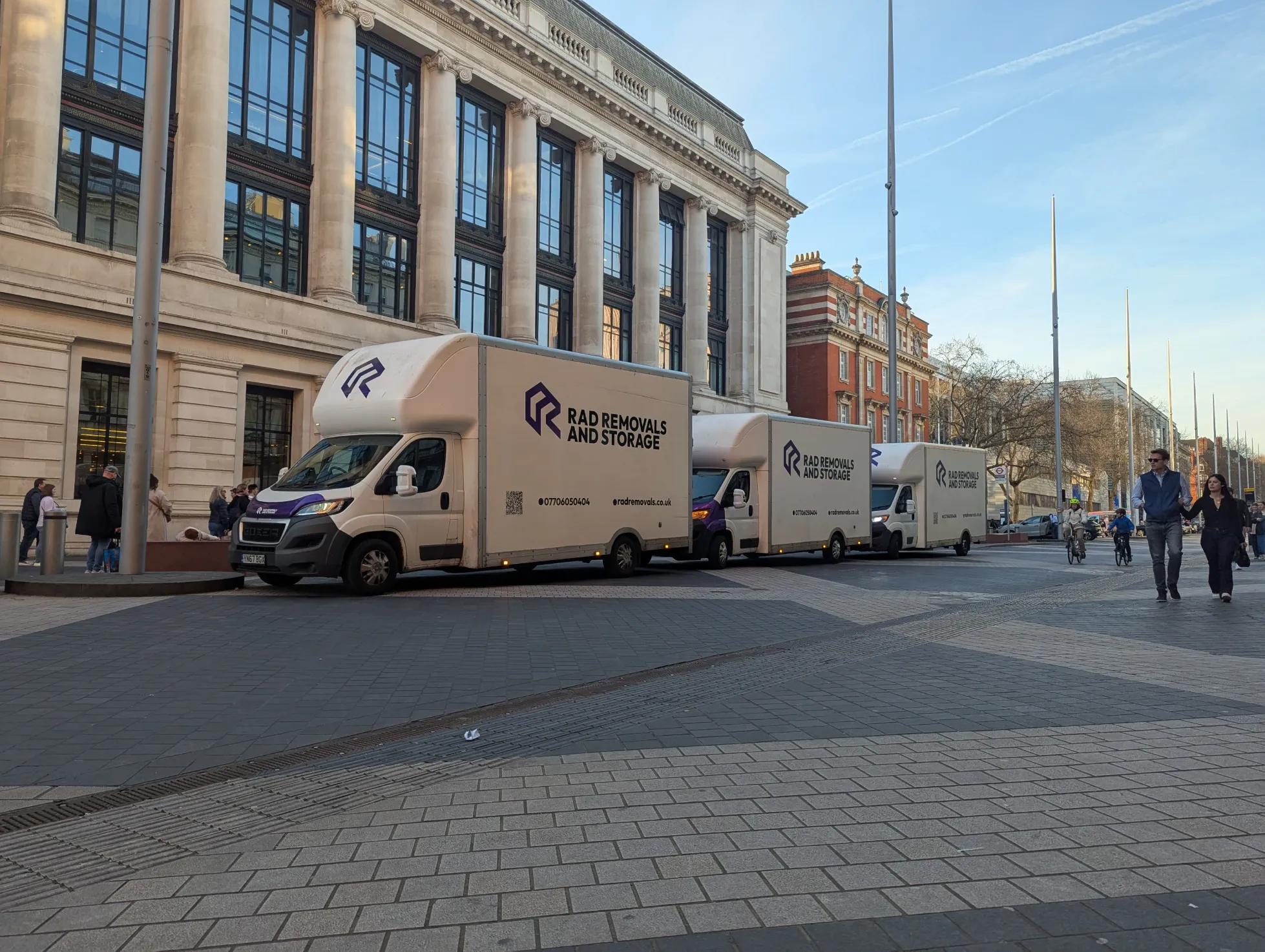 Rad Removals moving and storage vans parked at the Science Museum, South Kensington, London